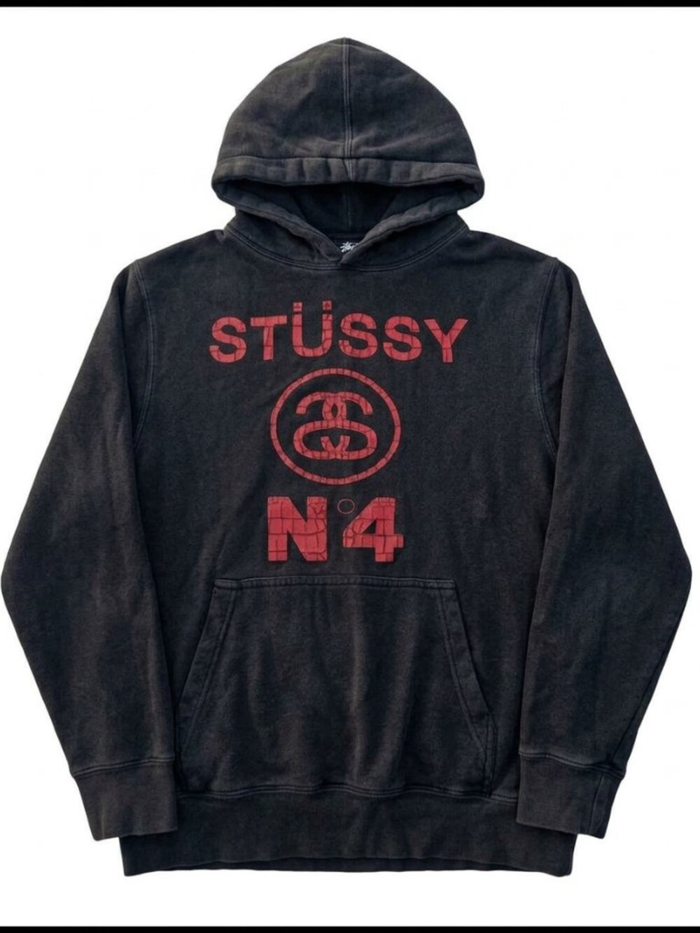 Vintage Stüssy N°4 Pullover Hoodie Black Y2K Size Men's Large